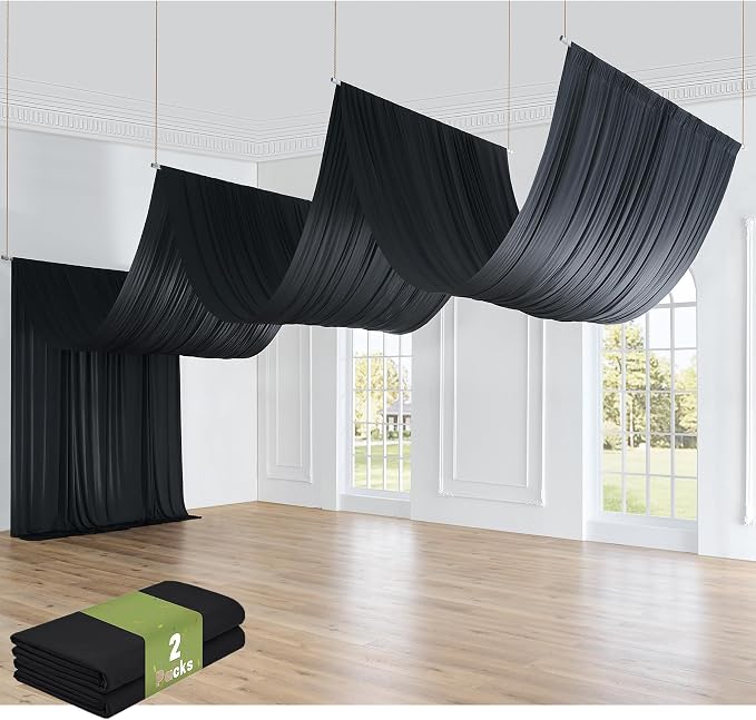 4 Panels 5x40ft Black Ceiling Drapes for Wedding Parties, Wrinkle Free Thick Polyester 40ft Extra Long Wedding Draping Black Ceiling Curtains Arch Drapery for Birthday Party Canopy Tent Decor