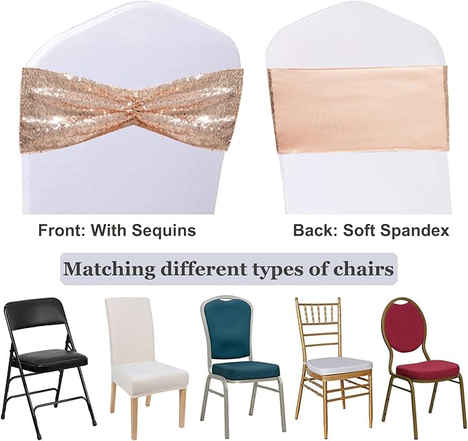 SquarePie Pack of 100 Chair Sashes Bands Rose Gold Stretch Spandex One-Sided Sequin Chair Bows Sashes for Wedding Party Fiesta Decor