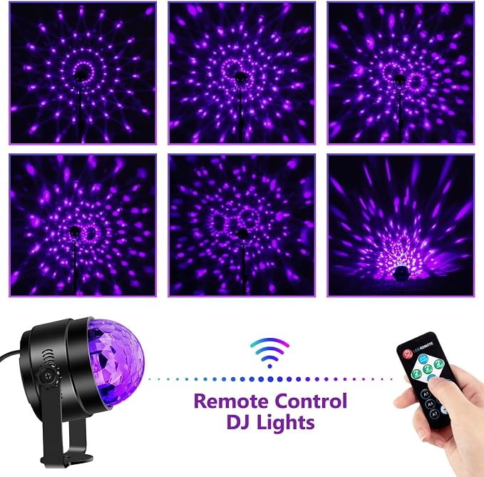 Litake UV Black Lights for Glow Party, 6W LED Disco Ball Strobe Lights for Dark Party Supplies, Sound Activated with Remote Control, Dj Light for Halloween Xmas Birthday Party Home Decorations, 1 Pack