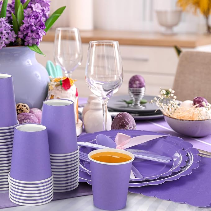 Ziliny 350 Pcs Purple Plates and Napkins, 50 Guest Lavender Party Supplies Include Scalloped Paper Plates Napkins Cups Plastic Spoons Forks Knives Disposable Tableware Set for Baby Shower