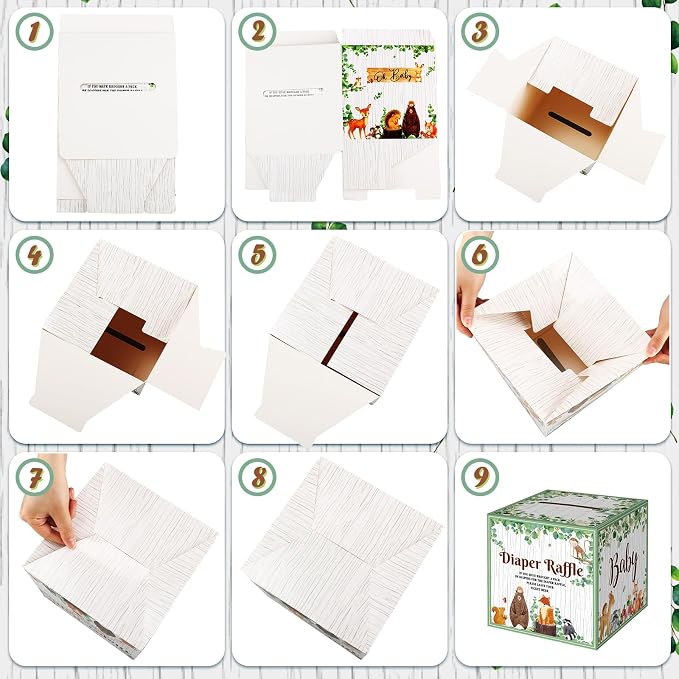 Teling 51 Pieces Diaper Raffle Tickets with Card Box Baby Shower Decorations Baby Shower Holder Box for Girl Boy Diaper Raffle Party(Woodland Animal)