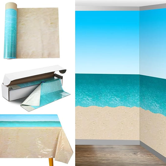 Oudain 54 Inch x 100 ft Ocean Beach Wall Backdrop Hawaiian Luau Party Decoration Tropical Vbs 2026 Tablecloth Roll with Cutter Box Ocean Waves Wallpaper for Summer Beach Birthday Party