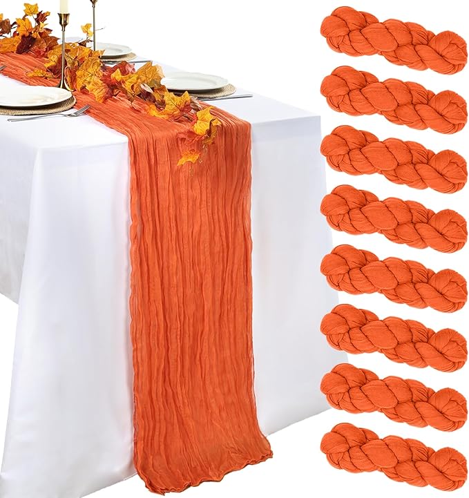 8 Pack Orange Cheesecloth Table Runner 10ft Boho Gauze Fabric 120 Inch Cheese Cloth Table Runner Rustic Sheer for Spring Holiday Baby Shower Party Décor Home Wedding Decoration