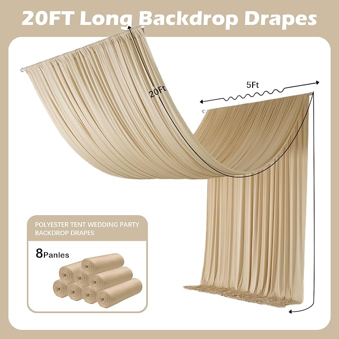40ftx20ft Beige Backdrop Ceiling Drapes,8Panels 20ft Height Wrinkle Free Tent Draping Curtains, Fabric Drapery Ceiling Drapes for Wedding Ceremony Birthday Theme Parties with Rod Pocket