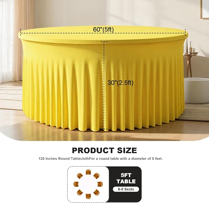 6 Pack Yellow 60 inch Round Spandex Tablecloth,Wrinkle-Free Stretchy Fitted 5FT Round Tables,Elastic Edge with Skirt,Washable Tablecloths for Wedding Banquet Party Birthday Buffet
