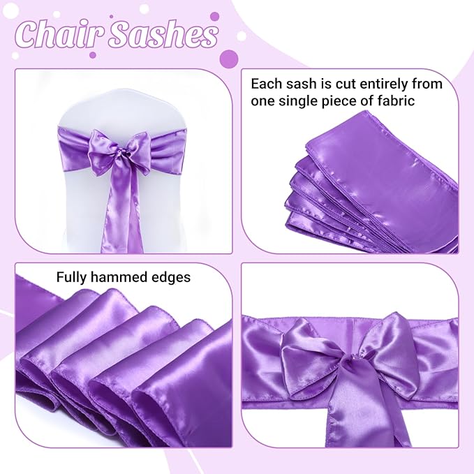 MDS Satin Chair Sashes, 100 Pack, 7”x108” Each, Decorative Chair Bows Ribbon Tie Backs for Wedding Party, Holiday Dinner, Birthday, Reception, Banquet, Hotel & Event Decoration - Lavender