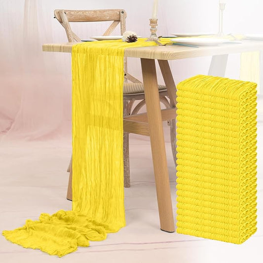 24 Pack Yellow Cheesecloth Table Runner 10FT Boho Gauze Cheese Cloth Table Runner Rustic Sheer Fabric Table Runners for Wedding Bridal Shower Baby Shower Party(21.5×120 Inch)