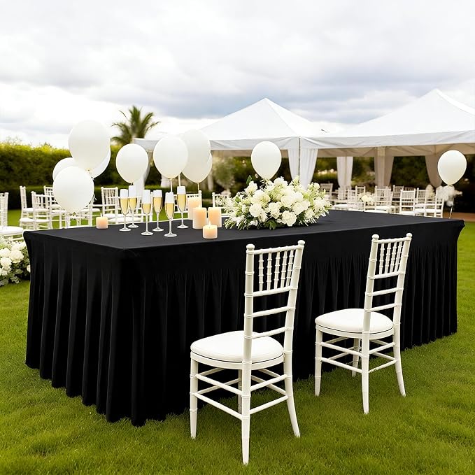 3 Pack Black Spandex Table Clothes for 6 Foot Rectangle Tables, Fitted Stretch Spandex Table Cover 6ft Black Tablecloths with Desk Skirt for Weddings Birthday Parties Banquet Baby Shower