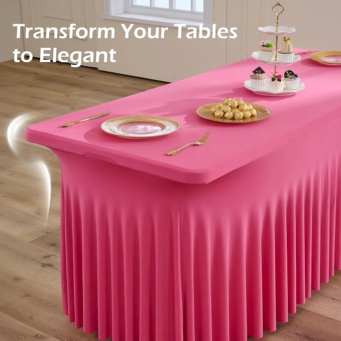 NSSONBEN 2 pk Hot Pink Spandex Tablecloth for 6 Foot Rectangle Tables, Wrinkle Free Fitted Spandex Table Covers 6ft Stretch Table Cloths with Ruffle Skirt for Parties Weddings Banquet Baby Shower