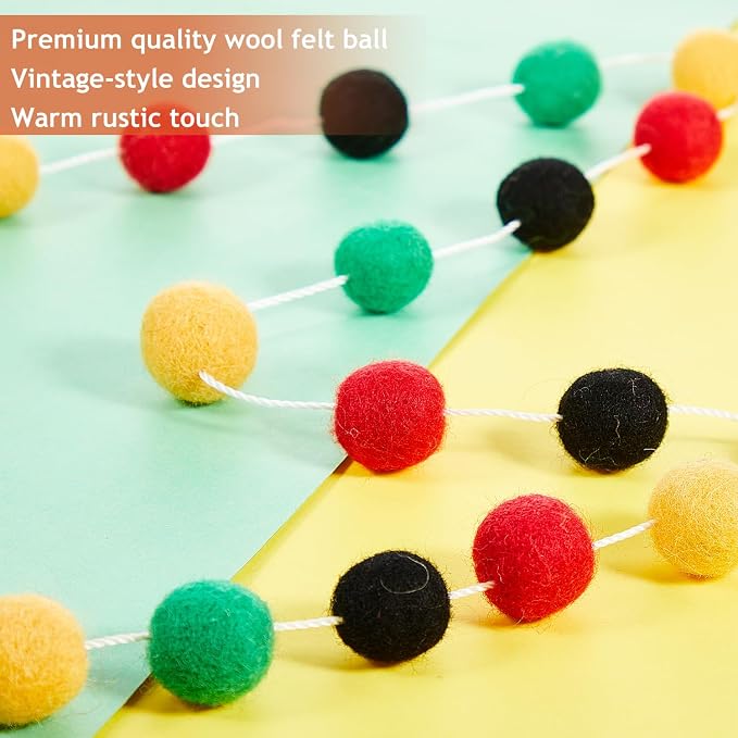 WILLBOND 3 Pieces Wool Felt Rainbow Ball Garland Colorful Pom Pom 6.5 ft Long 24 Ball Garland for Easter Mardi Gras Classroom Halloween Thanksgiving Xmas (Black,Green,Red,Yellow)