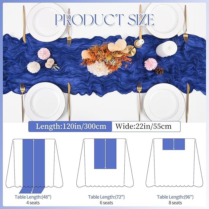 16 Pack Royal Blue Cheesecloth Table Runner 120 Inch 10FT Spring Boho Rustic Sheer Gauze Cheese Cloth Table Runner for Wedding Baby Shower Birthday Party Table Decor