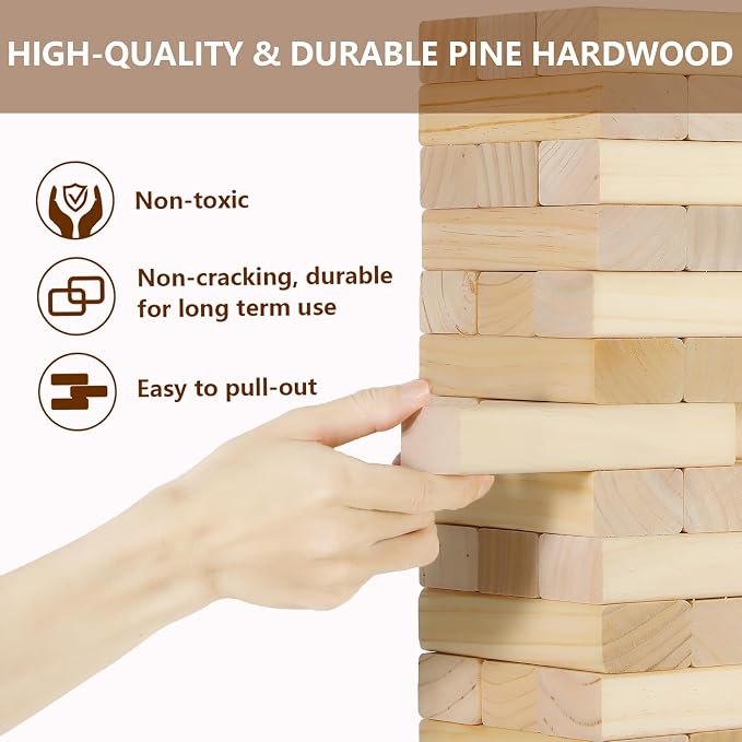 Aivalas Medium Tumble Tower 60PCS Wooden Block Stacking Yard Games with Carrying Bag Indoor & Outdoor Game for Kids and Adults Party Games for Backyard Lawn Beach Camping (Over 3.2 Ft)