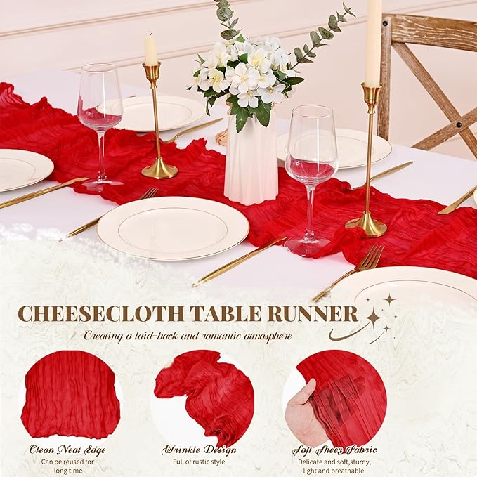 24 Pack Cheesecloth Table Runner,Red Table Runner Long Romantic Semi Sheer Rustic Boho Gauze Table Runners for Wedding Bridal Shower Birthday Party Decorations(17.7×108 Inch)