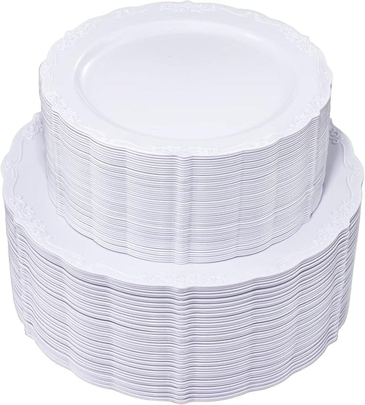U-QE 100 Pieces White Plastic Plates - White Disposable Plates - Premium Hard Plastic Disposable Plates for Wedding and Party Use Including 50 Dinner Plates 10 '' & 50 Dessert Plates 7.5 ''
