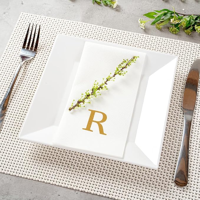 Luxenap 15.8 X 7.9 Inch Linen-Feel Guest Towels, 50 Lettered Hand Towels - Gold Letter 'R', Sans Serif Font, White Paper Dinner Napkins, airlaid, For Restrooms And Tables