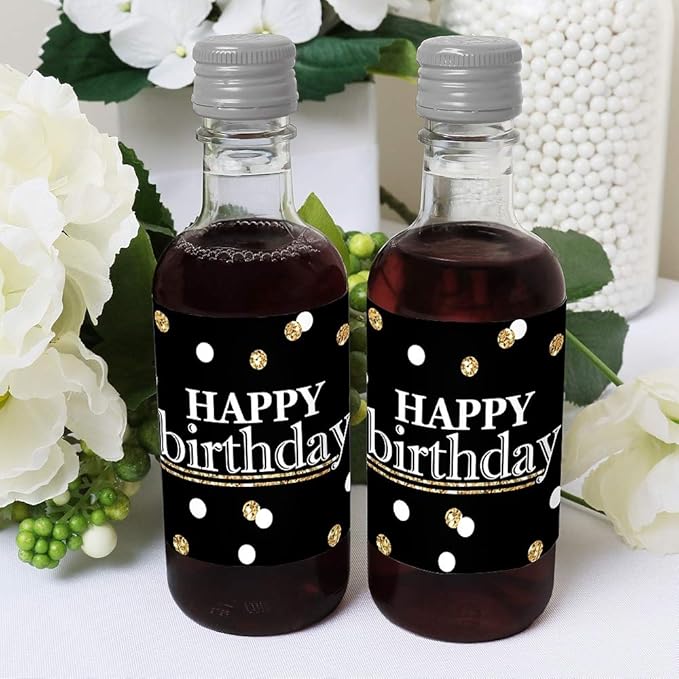 Big Dot of Happiness Adult Happy Birthday - Gold - Mini Wine and Champagne Bottle Label Stickers - Birthday Party Favor Gift for Women and Men - Set of 16