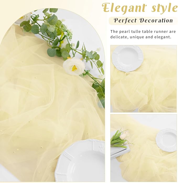 Set of 6 Pearl Table Runner 29 x 120 Inch Tulle Fabric Lace Table Runners for Bridal Shower Birthday Party Wedding Arch Dessert Table Decor(Ivory)