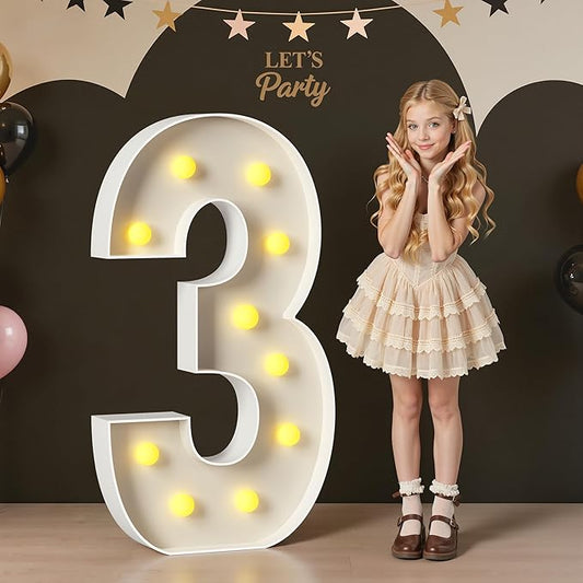 4FT Large Light Up Numbers, Giant Marquee Numbers 3 for 3rd 13rd 30th Birthday Decorations, Big Light Up Numbers for Party Anniversary, Marquee Letters Pre-Cut Mosaic Numbers for Balloons