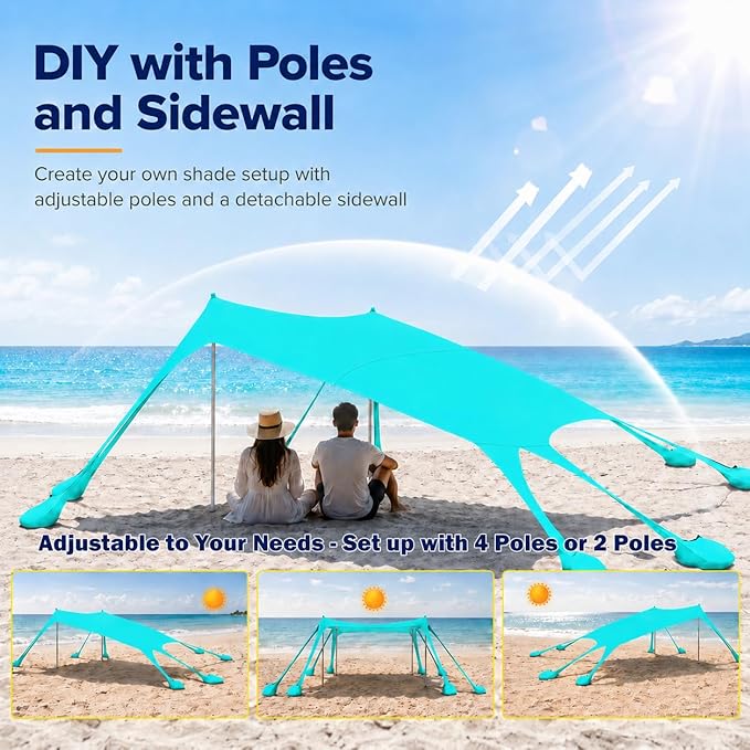 Large Beach Tent Sun Shelter with Sidewall, UPF80+ UV Protection Beach Tents Shade Canopy with 8 Sandbags, 4 Stability Poles for Sand, Camping, Fishing, Outdoor Tent Sun Shelters (11x11ft, Turquoise)
