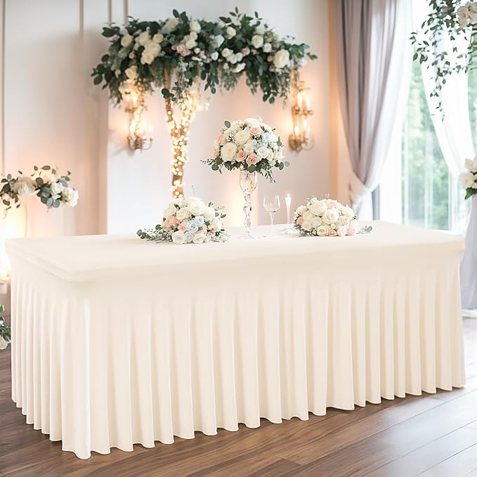 Shillance 2 Packs Ivory Spandex Tableclothes for 8 Foot Rectangle Table, Spandex Table Covers 8FT Stretch Table Skirts Rectangle Wrinkle Free Fitted Table Cloth for Event, Wedding, Banquet & Parties