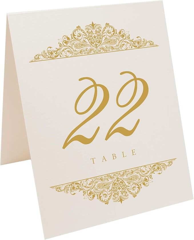 Paisley Wedding Table Numbers (Select Color/Quantity), Champagne, Gold, 1-50, Double Sided, Tent or Use in a Stand, Great for Parties & Restaurants - Made in the USA