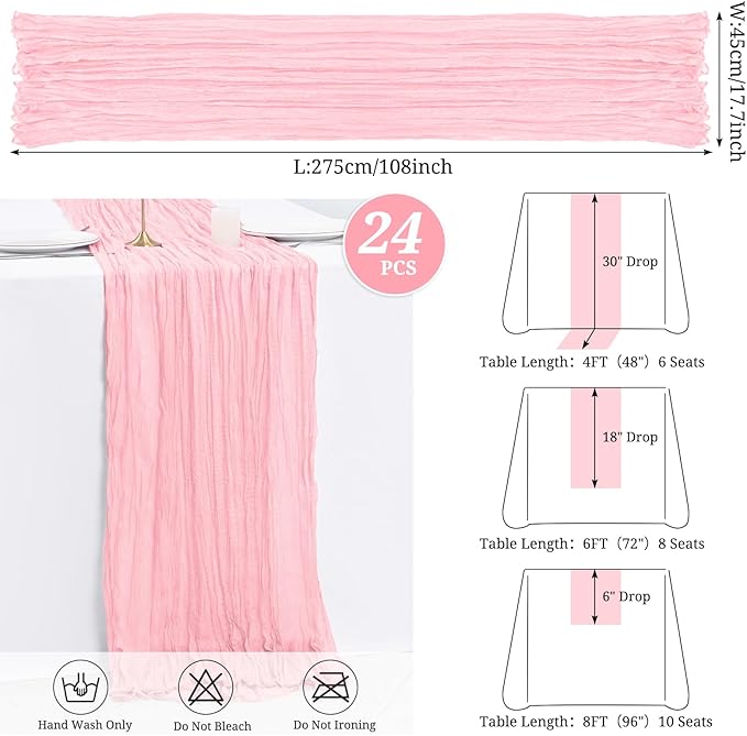 24 Pack Light Pink Cheesecloth Table Runner,9FT Gauze Boho Long Cheese Cloth Table Runner 17x108 inch Rustic Table Runners for Wedding Party Bridal Shower Banquet Table Decorations