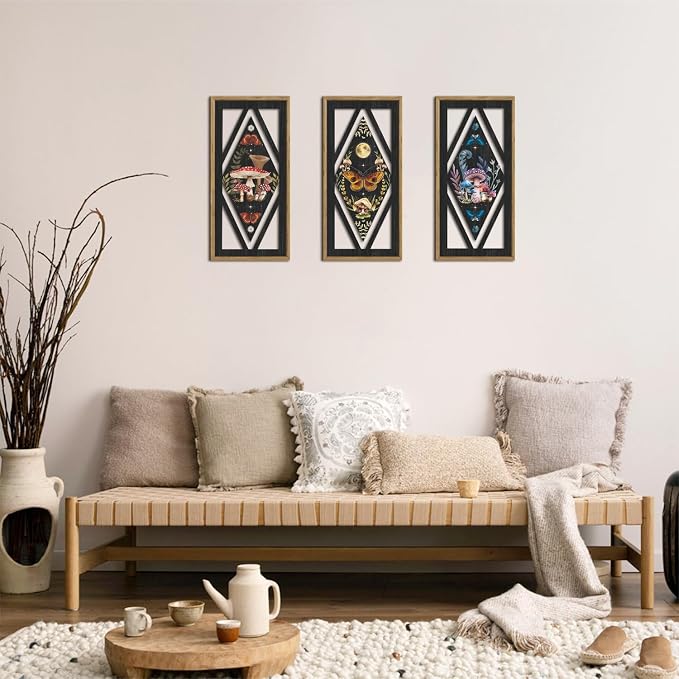 IARTTOP Framed Mushroom Butterfly Gothic Wall Art Set of 3 8"x16" Vintage Dark Academia Cottagecore Wood Wall Decor Witchy Moon Wild Botanical Boho Home Decor for Bedroom Farmhouse Living Room