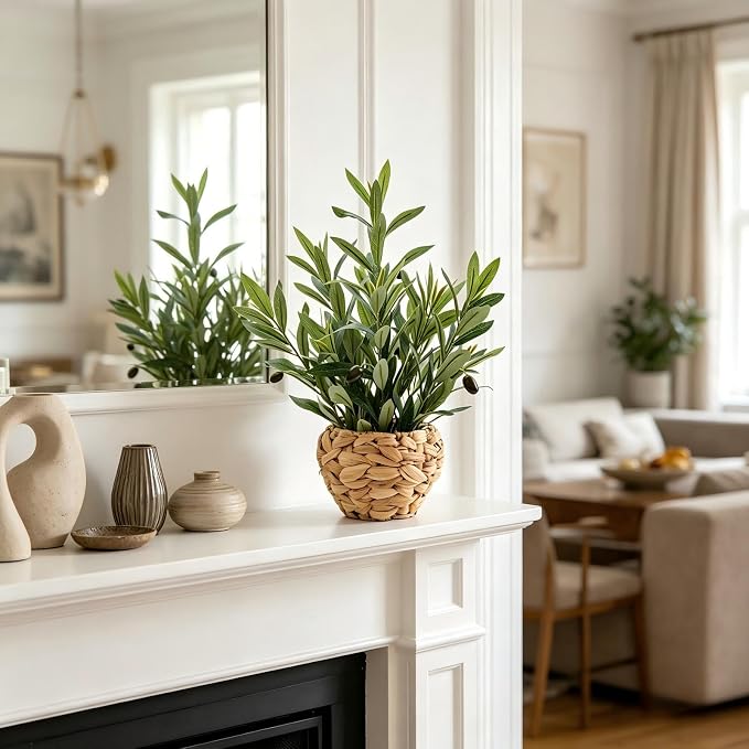 AlphaAcc 17.7" Artificial Olive Plant in Water Hyacinth Basket - Faux Olive Tree for Desk, Office & Mediterranean Decor