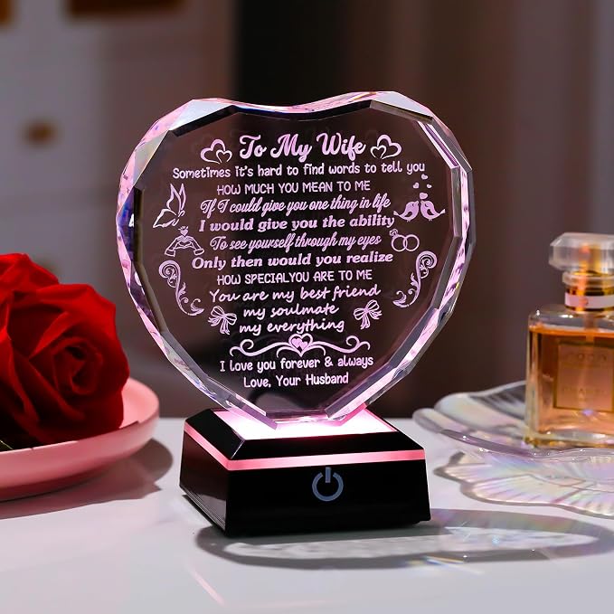 Arikyrist Romantic Gifts for Wife Heart Crystal Keepsakes to My Wife with LED Base Anniversary Birthday Gifts for Wife Her from Husband
