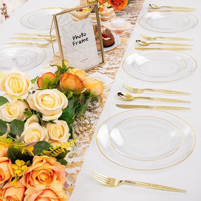 Liacere 150PCS Clear Gold Plastic Plates - Gold Plastic Silverware with Glitter Handle - Clear Disposable Plates Include 30 Guests Plates, Forks, Spoons, Knives for Wedding & Party
