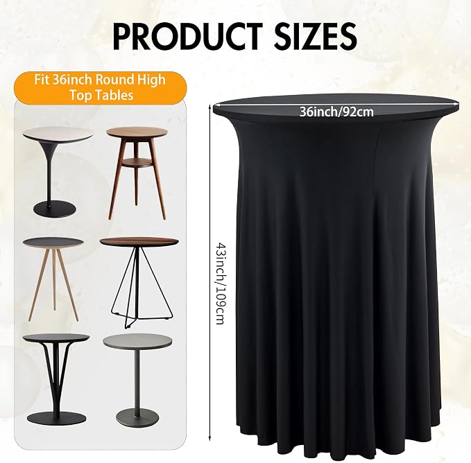 6 pk Black Cocktail Table Cloth Round 36×43in-High Top Highboy Bar Cocktail Tablecloths-Wrinkle Free Stretchy Fitted Spandex Table Covers with Ruffle Desk Skirt for Wedding Banquet Party Tables