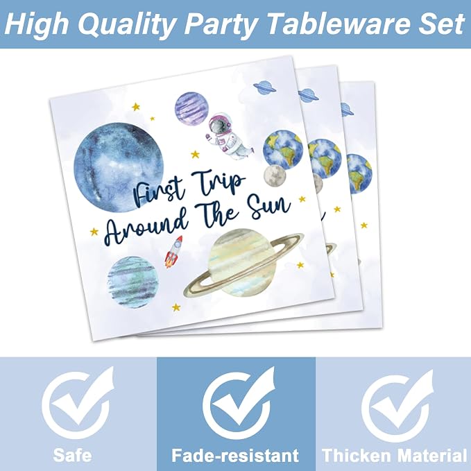 96 PCS First Trip Around The Sun Birthday Party Decorations Outer Space Themed Decorations 1st Space Birthday Dinner Paper Plates Boho Solar System Napkins Forks Sun Theme Party Favors Supplies