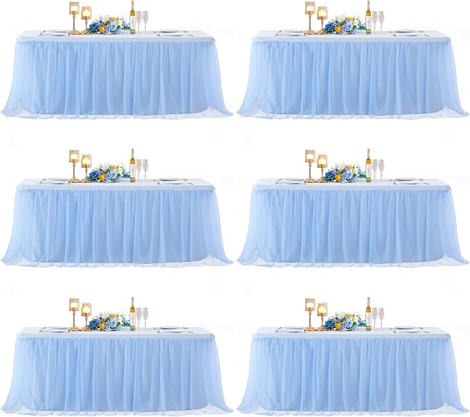 6 Pack 6ft Baby Blue Tulle Tablecloths for Rectangle Tables 72 x 30 Inch Rectangular Table Cloth Wrinkle Free Table Cover with Tutu Skirt for Baby Shower Birthday Party Banquet Buffet Cake Decorations