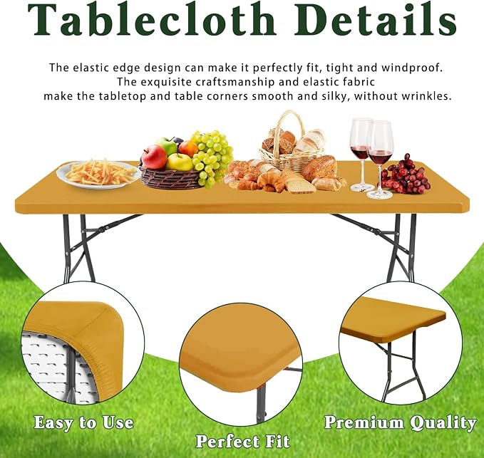 6 Pack 6 Foot Picnic Table Cover Fitted Outdoor Tablecloth for Rectangle Table Elastic Waterproof Stretch Washable Patio Folding Spandex Tablecloth for Camping Banquet and Parties (Mustard,30" x 72")