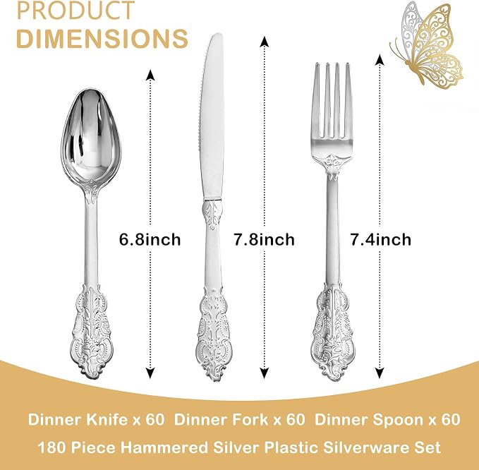 Supernal 360pcs Silver Plastic Silverware Set with Embossed Handles,Vintage Heavy Duty Baroque Disposable Cutlery (120 Forks, 120 Spoons, 120 Knives) | Elegant Utensils for Wedding, Party,Anniversary