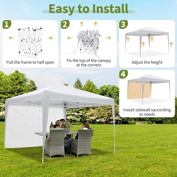 White 10x10 Pop-Up Canopy Tent with 4 Sidewalls – Portable Instant Shelter, Waterproof Outdoor Gazebo for Camping, Parties, Backyard & Beach Activities