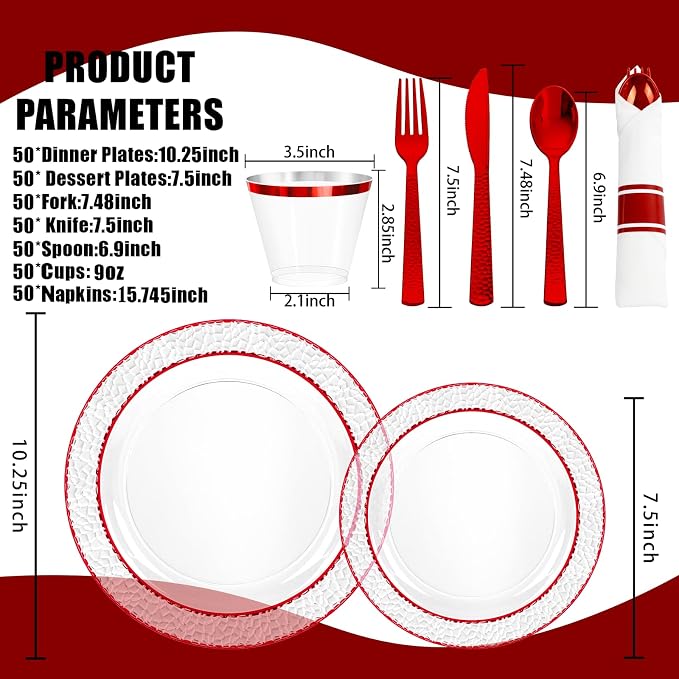 Ciaell 350 PCS Clear and Red Plastic Plates – Red Dinnerware Set for 50 Guests Include 100 Plastic Plates, 50 Pre Rolled Napkins with Cutlery Set, 50 Cups for Wedding