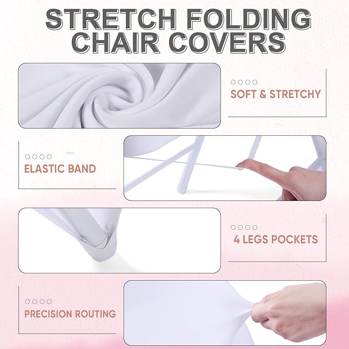 Preboun 50 Pack White Folding Chair Cover Set with 25 Spandex Chair Slipcovers 25 Sequin Chair Sashes Bow Washable Chair Protector Chair Cover for Party Wedding Banquet Event(White, Rose Gold)