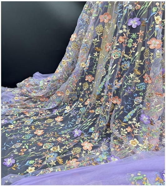 Embroidered Lace Fabric, Width 59" Colorful Floral Mesh Embroidery Fabric by The Yard, Soft Mesh Lace Fabric for Sewing DIY Custom Clothes Party Dress Home Decoration (Light Purple,2 Yard)