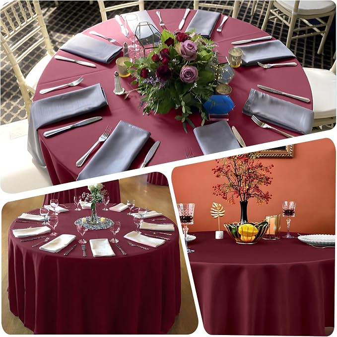 8 Pack Burgundy Round Tablecloth 90 Inch Round Table Cloth, Wrinkle Resistant and Washable Polyester Fabric Table Cloth Round Table Cover for Dining Wedding Banquet Party