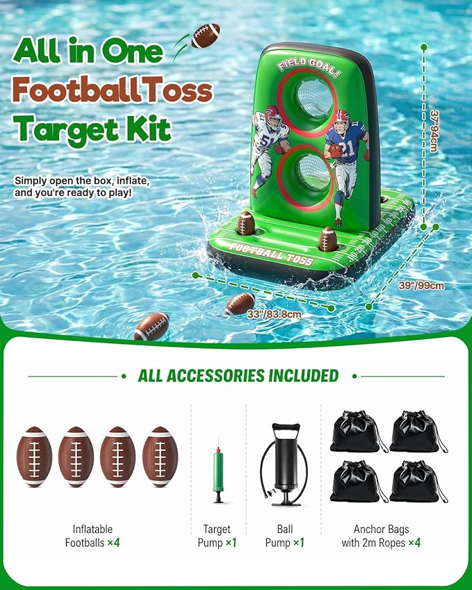 Inflatable Football Toss Game for Pool Floating Water Football Target with 4 Balls & 2 Pumps, Stable Base Outdoor Backyard & Beach Games Summer Pool Party Game for Kids, Teen & Adults