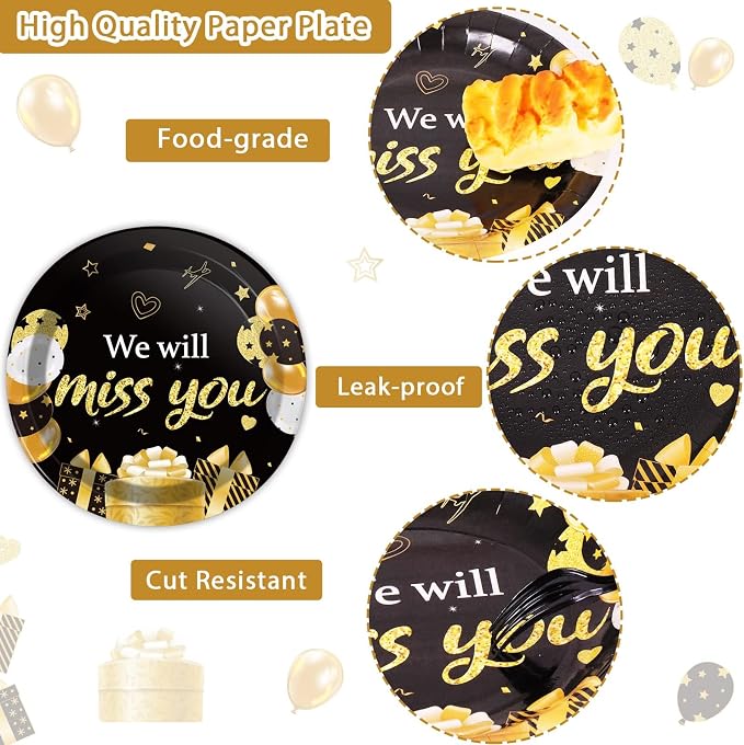 96pcs We Will Miss You Party Paper Plates Napkins Farewell Party Decoration Going Away Party Disposable Dinner Tableware Gold Black Goodbye Party Supplies Graduation Leaving Retirement Party 24 Guests