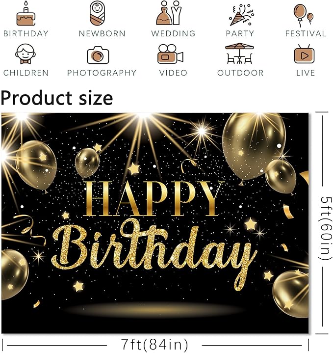 Black & Gold Happy Birthday Decoration Backdrop 7x5ft Large Gold Glitter Balloons Sign Party Background for Adult Kids Photo Booth Decor Large Wall Decor Props Party Supplies for Women