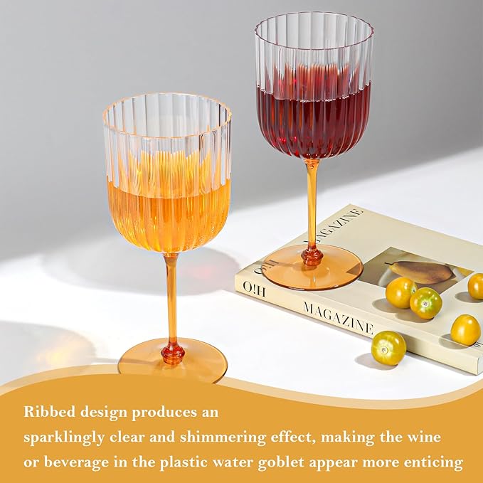 12 PCS Plastic Ribbed Wine Glasses 11oz Clear and Amber Detachable Wine Goblet Unbreakable Vintage Ripple Water Goblets Cocktail Drinking Cups for Parties Weddings Poolside Outdoors