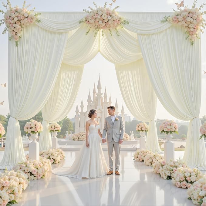 10x14ft Ivory Backdrop Curtains for Wedding Party, 2 Panels 14 ft Long Back Drop Cloth, Wrinkle-Free Polyester Drapes for Birthday, Baby Shower, Stage Photography Background