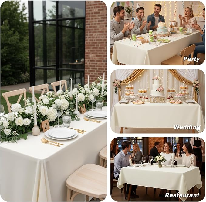 Fixwal 3 Pack Ivory 60 x 102 Inch Rectangle Tablecloths, Reusable Heavy Duty Washable Polyester Table Covers for 6 Ft Tables, Wedding, Bridal Shower, Boho Party, Outdoor, Picnic