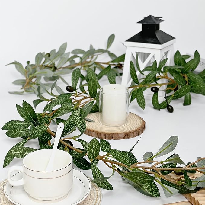 4 Pack Artificial Olive Garland 6.2 Long Faux Silk Leaf Olive Leaves Vines Greenery Garland with Fruit Spring Summer All Season for Wedding Arch Indoor Outdoor Wall Decoration