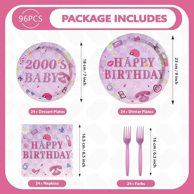 96Pcs 2000s Birthday Party Decorations Y2k Hot Pink Bday Plates and Napkins Disposable Early 2000s Theme Tableware Set for 00s Girls Teen Y2k Birthday Hot Pink Bachelorette Party Supplies Serves 24