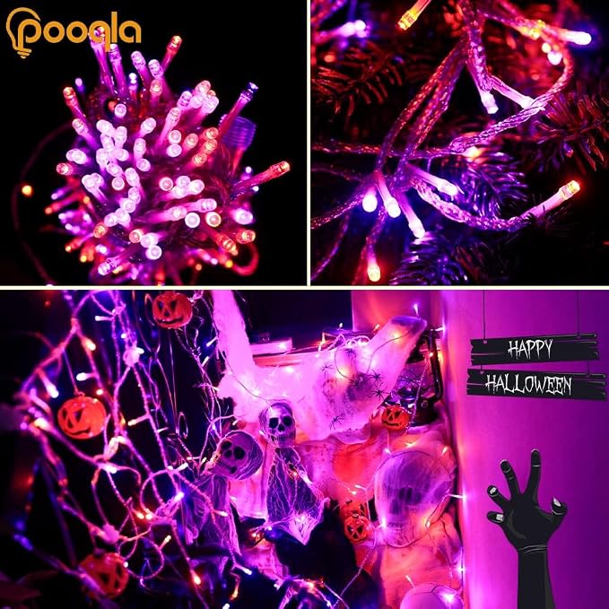 Pooqla 4 Pack String Lights Battery Operated, Total 66.6ft 200 LED Fairy Lights Indoor Outdoor Decorations, 8 Modes Battery Lights for Halloween Bedroom Classroom Porch Party Yard Decor, Orange Purple