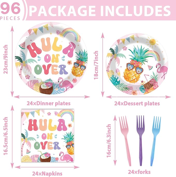 96Pcs Summer Birthday Party Supplies Pool Paper Plates Napkins and Forks Hawaii Party Decorations Hula on Over Dinnerware Favor for Men or Women Tableware Serves 24